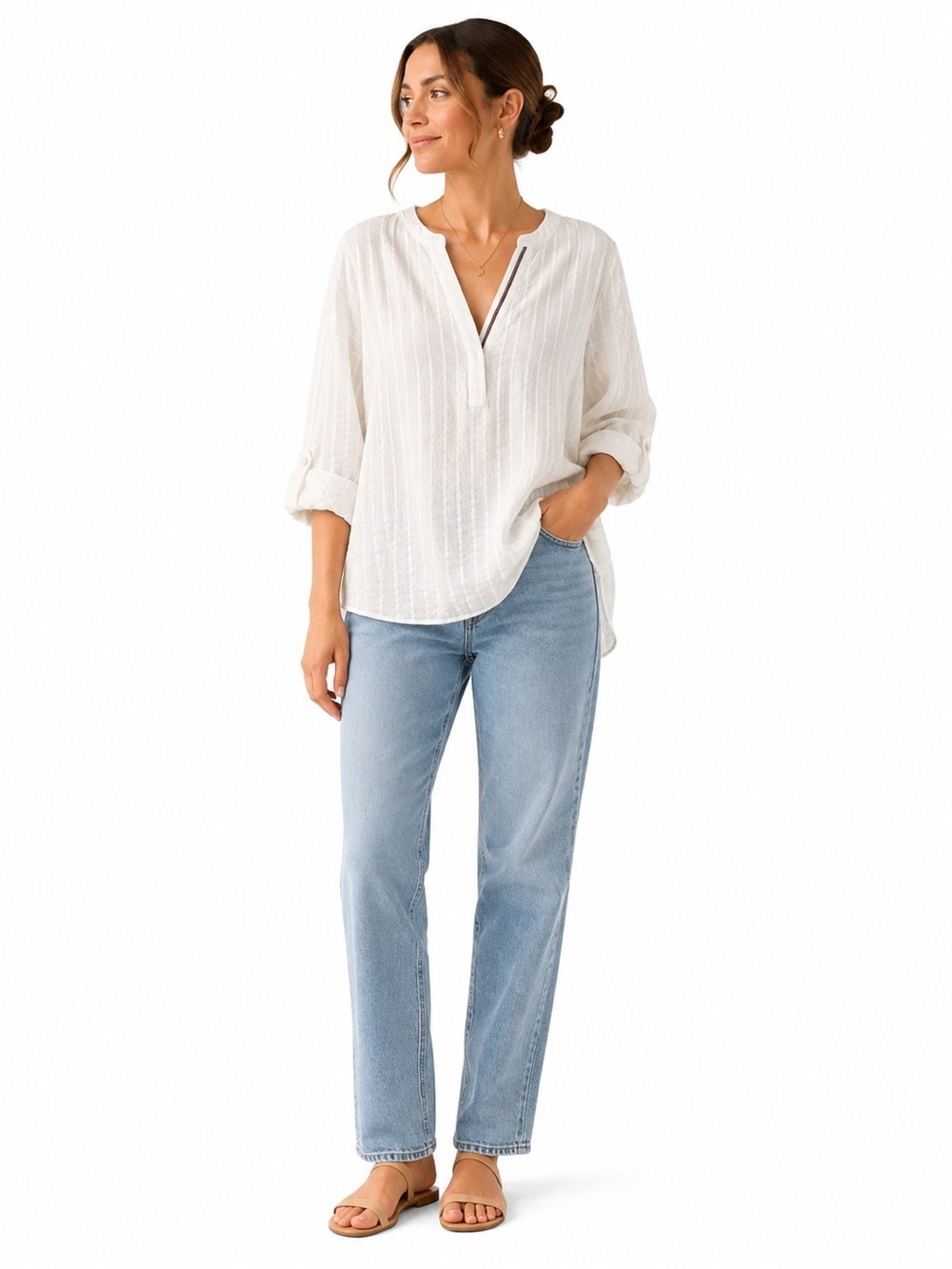 Tommy Hilfiger Ivory Textured Split Neck Roll Tab Tunic Blouse XXL